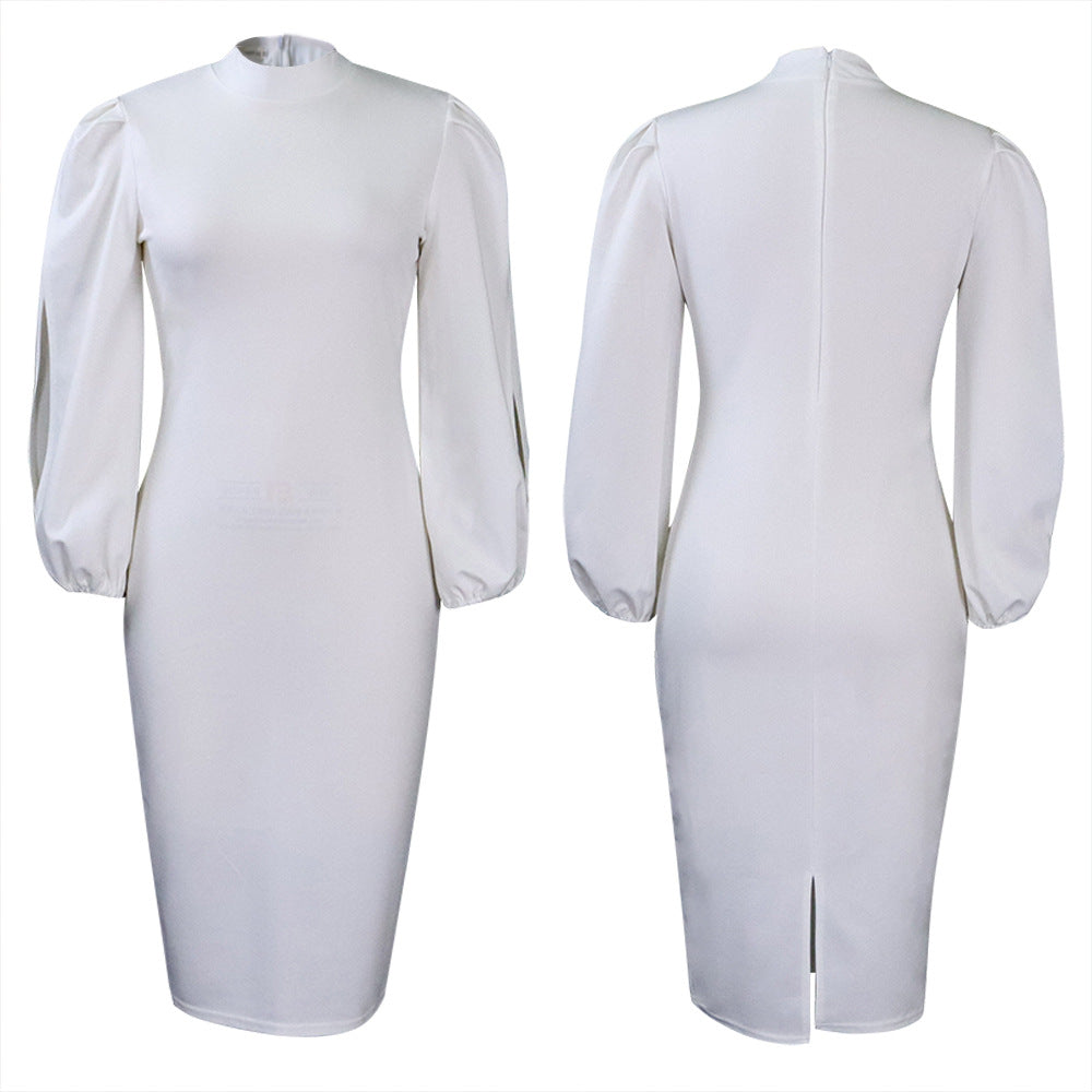 Dames Élégant Robe Bodycon à Manches Bouffantes et Col Haut Chic und Stil