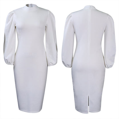 Dames Élégant Robe Bodycon à Manches Bouffantes et Col Haut Chic und Stil