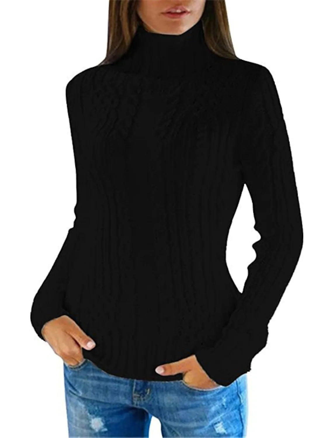 Dames Pull en tricot de haute qualité avec col montant et motif torsadé Chic und Stil