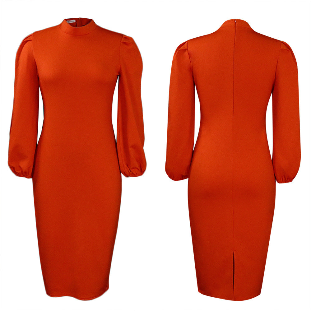 Dames Élégant Robe Bodycon à Manches Bouffantes et Col Haut Chic und Stil