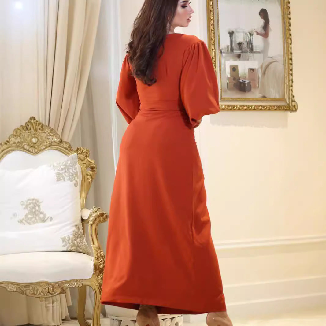 Dames Élégante Robe Maxi avec des Manches Volumineuses et un Drapé Cintré Chic und Stil