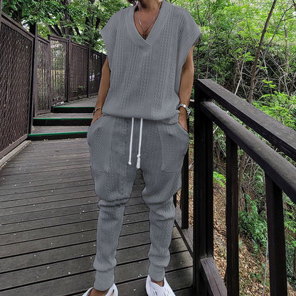 Dames combinaison à col V en tricot à la mode avec pantalon confortable Chic und Stil