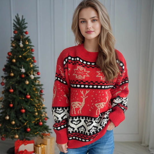 Pull en tricot festif pour femmes avec motif de renne de Noël et motif riche en détails Chic und Stil