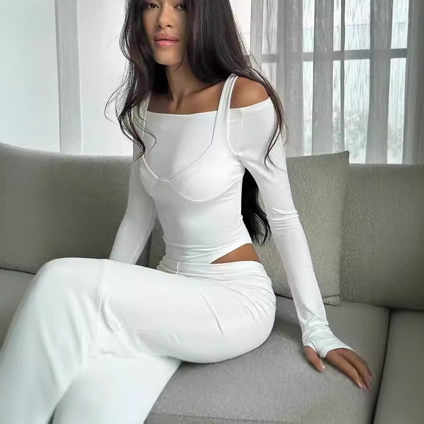 Dames Élégante Haut à Manches Longues avec Coupe Asymétrique et Design à la Mode Chic und Stil