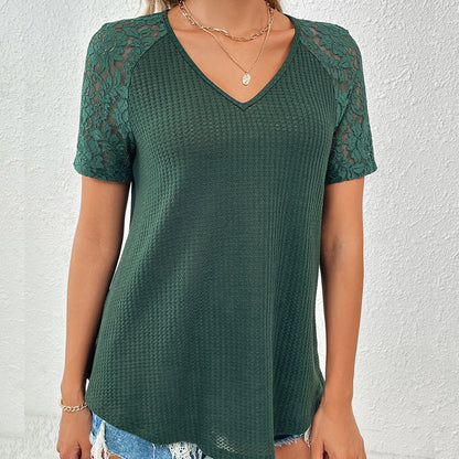 Dames élégant haut à col en V avec manches en dentelle et motif texturé Chic und Stil