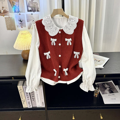 Dames cardigan en tricot ludique avec col enroulé et nœuds décoratifs Chic und Stil