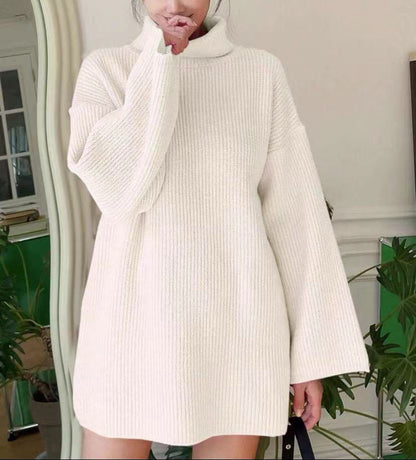 Dames Pull en tricot long avec col montant et manches évasées Chic und Stil