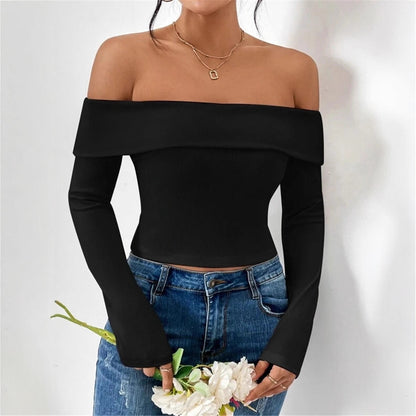 Dames Haut de corps off-shoulder avec manches longues et fine texture côtelée Chic und Stil
