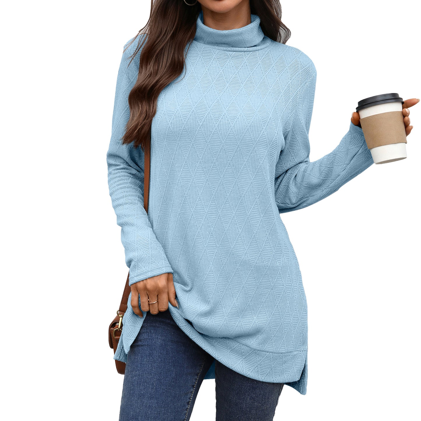 Dames Pull Long Manches avec Col Montant Chic und Stil