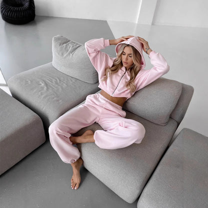 Ladies Comfortable Loungewear Outfit with Cropped Hoodie and Elastic Sweatpants Chic and Style