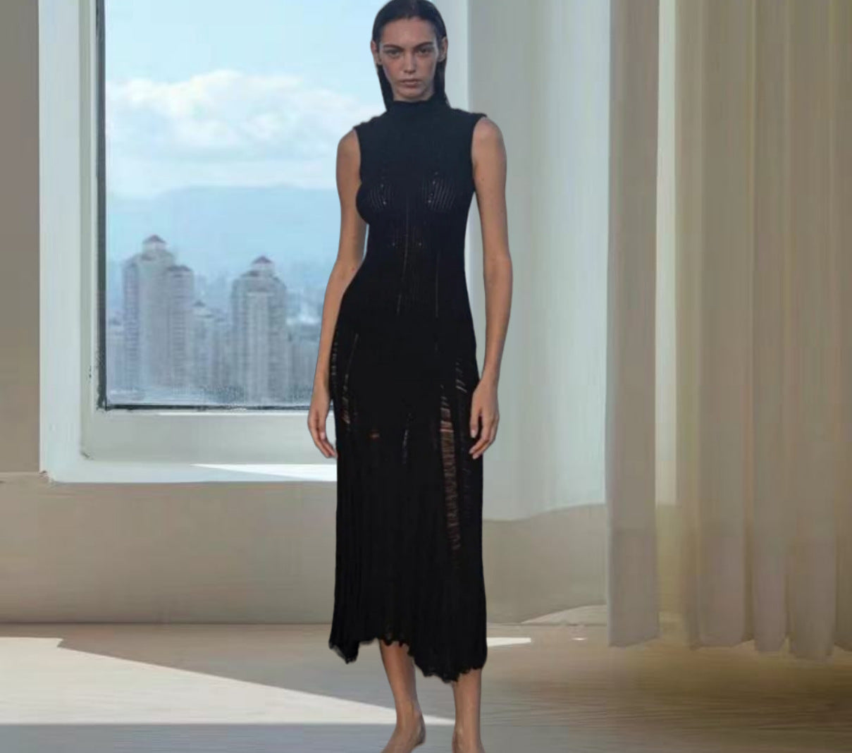 Femmes Robe maxi élégante à col haut et design côtelé raffiné Chic und Stil