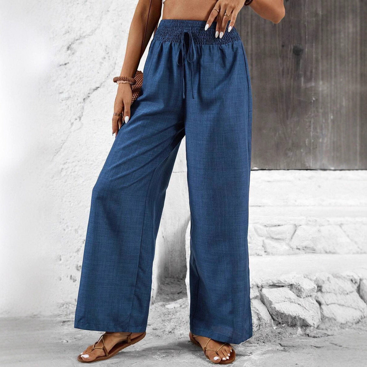 Wide linen pants for women with elastic waistband and side tie belt Chic and Style