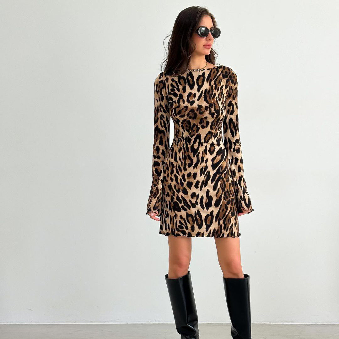 Women's Leopard Print Mini Dress Long Sleeve Chic and Stylish