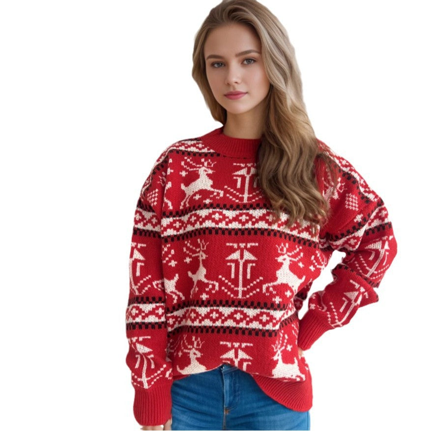 Pull en tricot de Noël pour femmes avec un design de renne festif et un col haut Chic und Stil