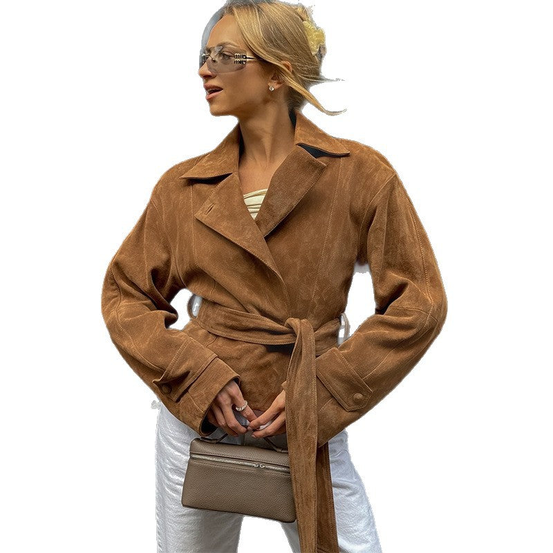 Ladies luxury suede jacket with adjustable belt and elegant lapels Chic and Style