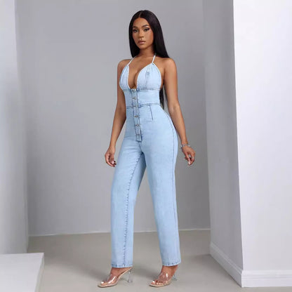 Combinaison en denim pour femmes avec décolleté en V profond et patte de boutonnage Chic und Stil