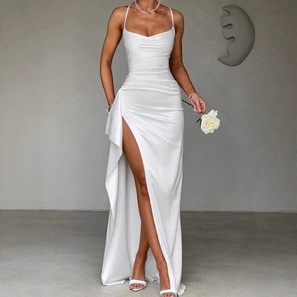 Dames Robe Maxi Élégante avec Fente Latérale et Fines Bretelles Spaghetti Chic und Stil