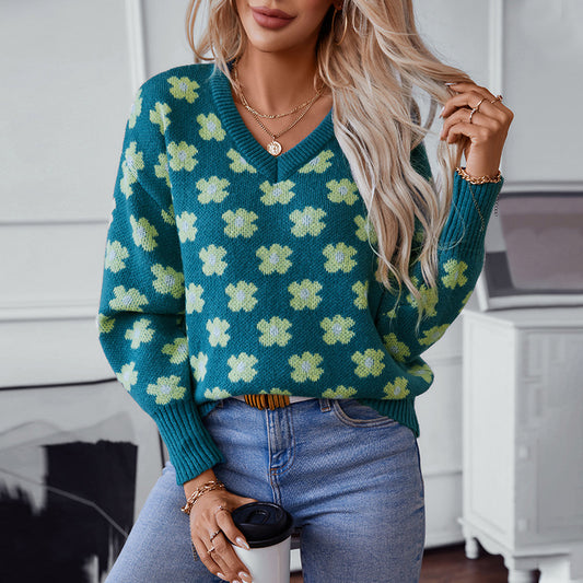 Pull en tricot pour femmes avec motif floral et décolleté en V Chic und Stil