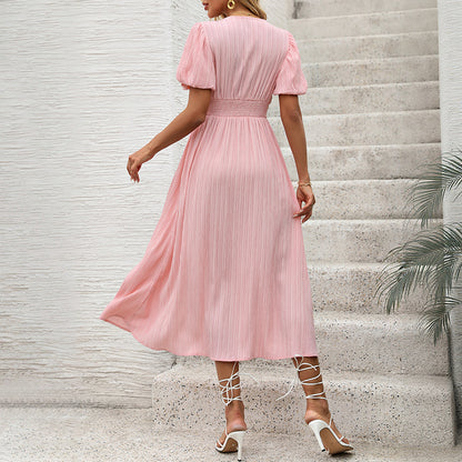 Robe maxi plissée à manches bouffantes avec fermeture à bouton pour femmes Chic und Stil