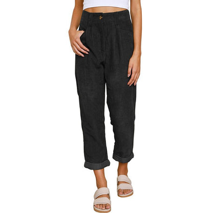 Ladies Comfortable and Elegant High-Waist Pants with a Fine Rib Pattern Chic and Style