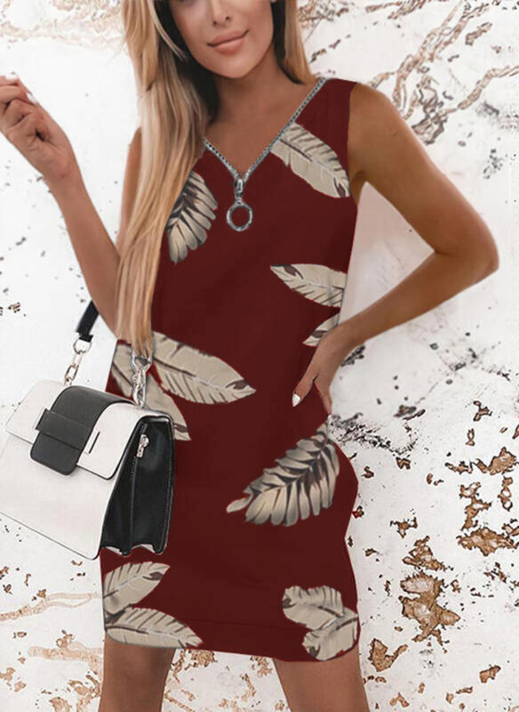 Robe décontractée pour femmes avec design de feuilles tendance et détail de fermeture éclair Chic und Stil