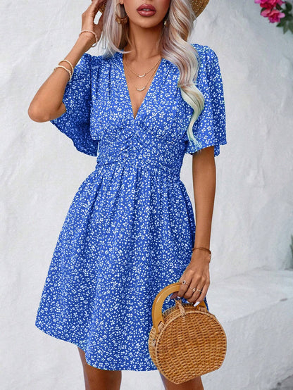 Women's Snowflake Pattern V-Neck Dress with Voluminous Sleeves and Elastic Waistband Chic und Stil