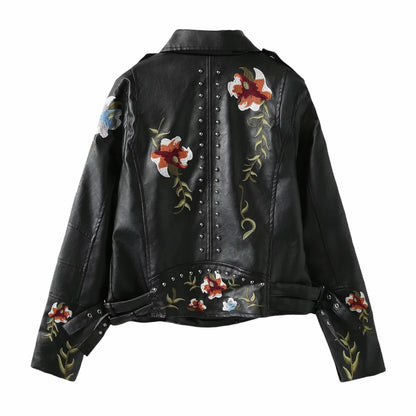 Biker jacket in faux leather for women with embroidered floral design and stud embellishments Chic and Style