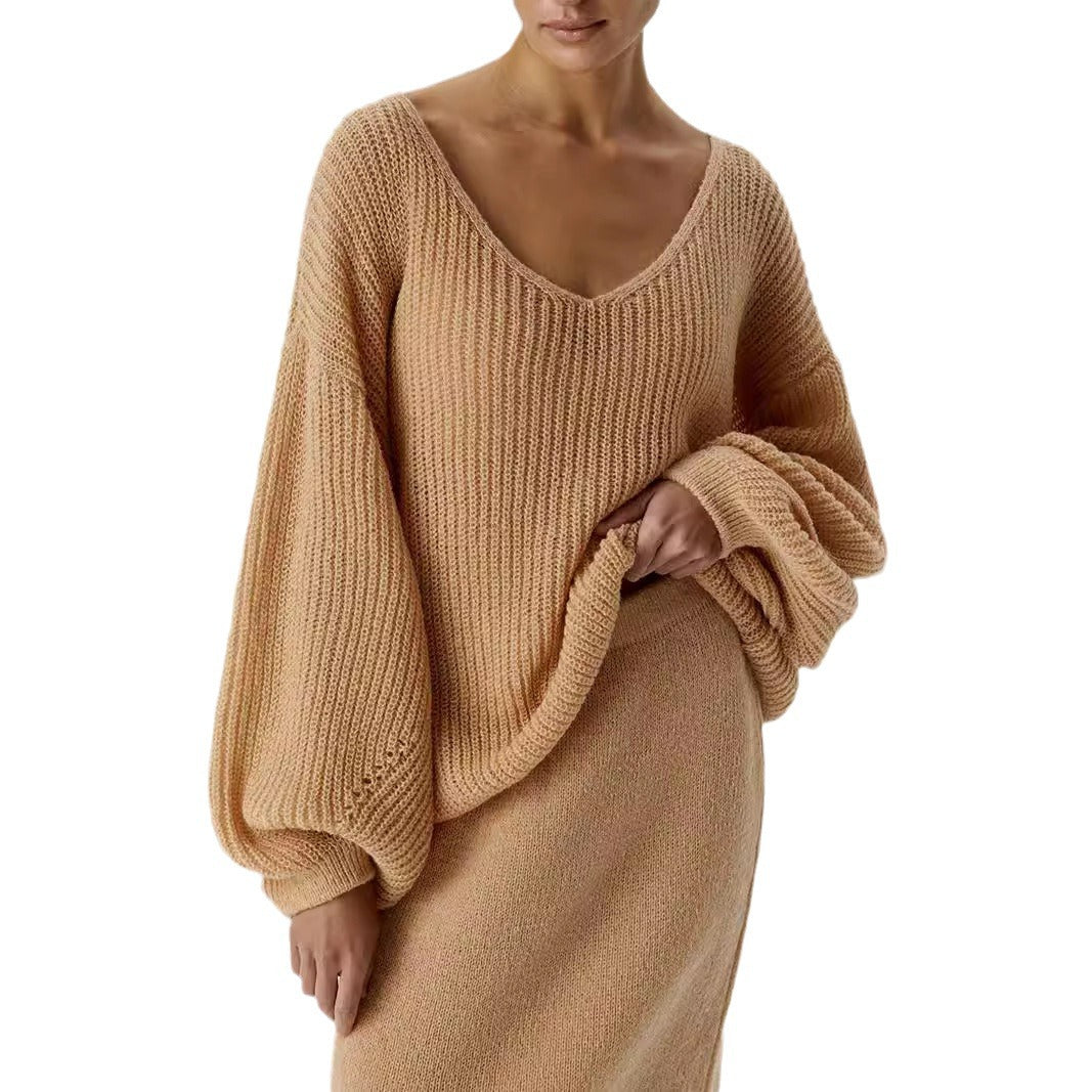 Pull-over en tricot décontracté pour femmes avec des manches larges et un décolleté en V profond Chic und Stil
