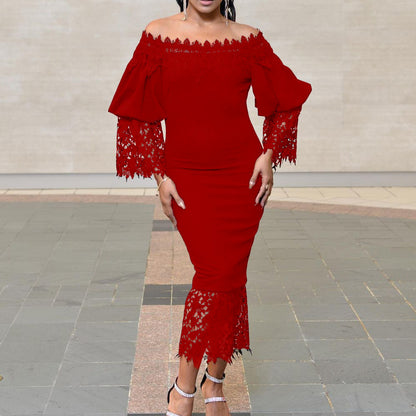 Robe off-shoulder pour femmes avec manches en dentelle et ourlet asymétrique Chic und Stil