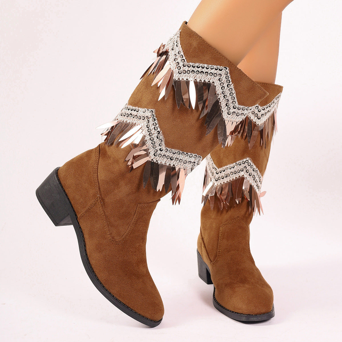 Bottes pour femmes avec des franges à la mode et des détails pailletés Chic und Stil