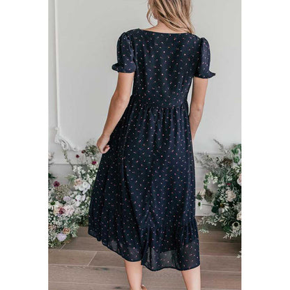 Robe midi florale raffinée pour femmes avec manches bouffantes et détail de fermeture éclair Chic und Stil