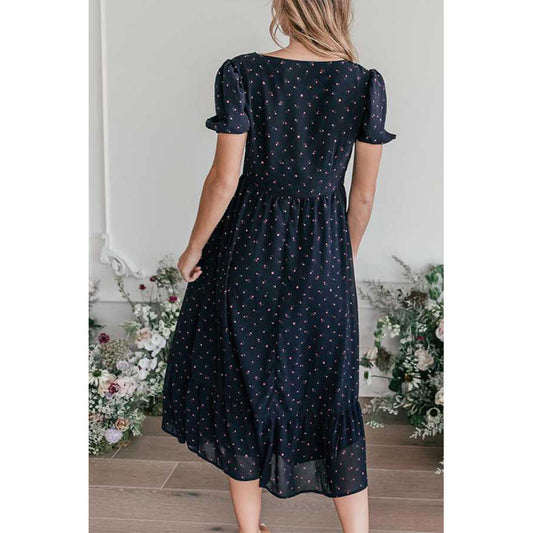 Robe midi florale raffinée pour femmes avec manches bouffantes et détail de fermeture éclair Chic und Stil