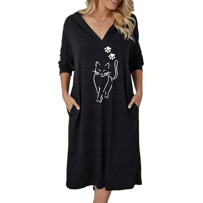 Robe à capuche pour femmes avec un mignon motif de chat et des poches pratiques Chic und Stil