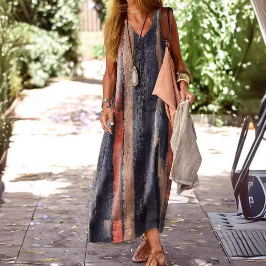 Robe maxi pour dames avec un design moderne de rayures aquarelle et un décolleté en V profond Chic und Stil