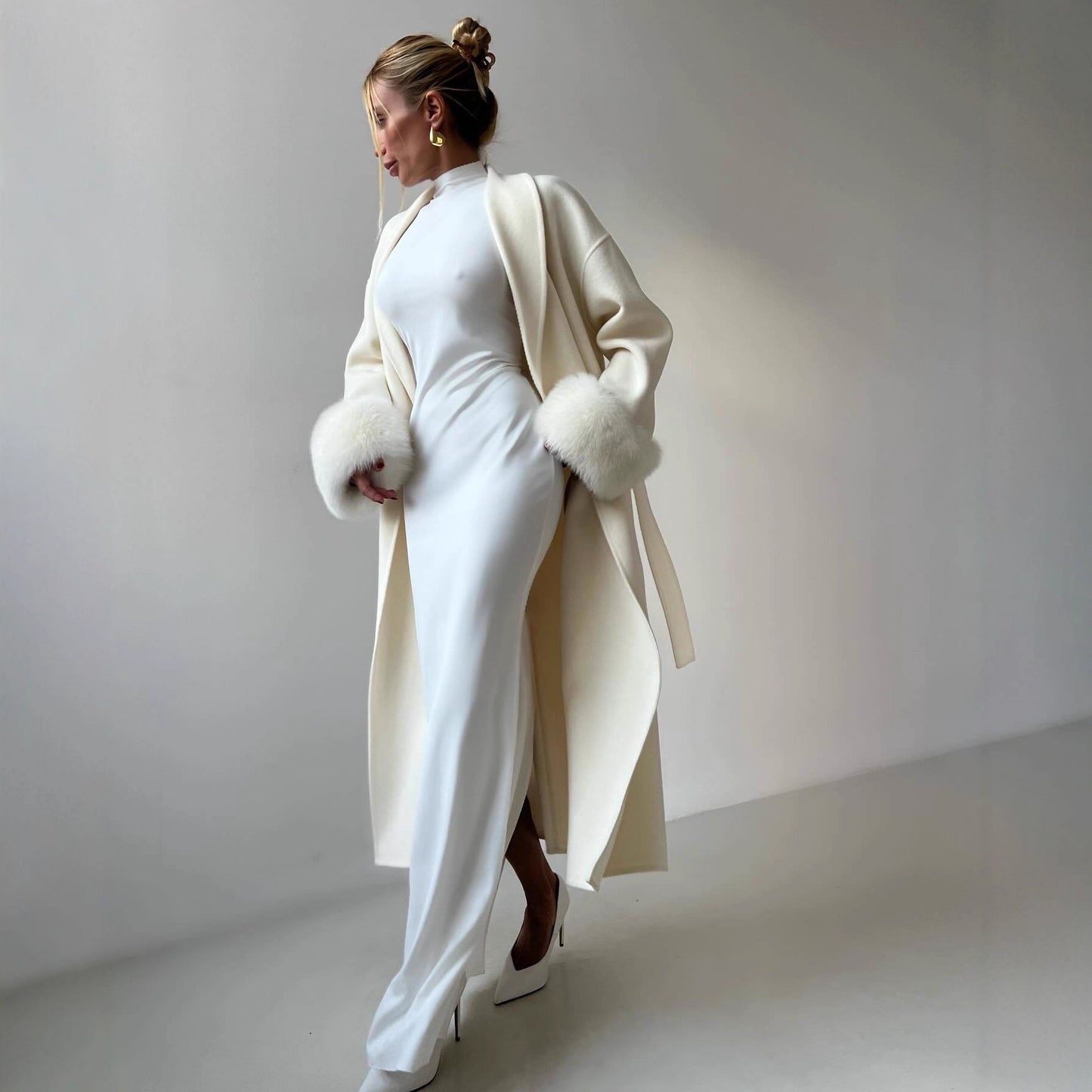 Dames Élégante Manteau Long avec Manches En Fourrure Amovibles Chic und Stil