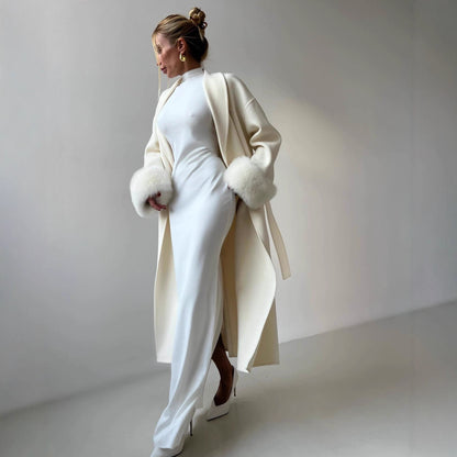 Dames Élégante Manteau Long avec Manches En Fourrure Amovibles Chic und Stil