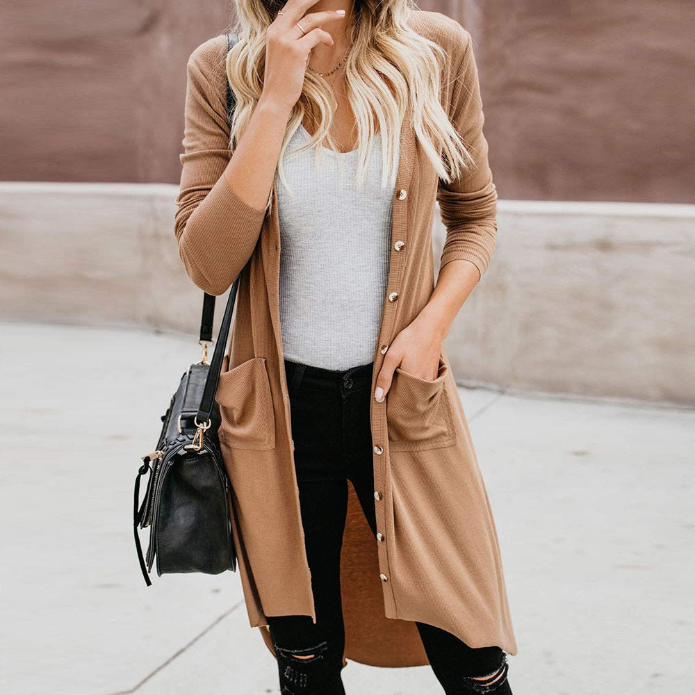 Dames Long Pull Cardigan avec Boutons et Poches Chic und Stil