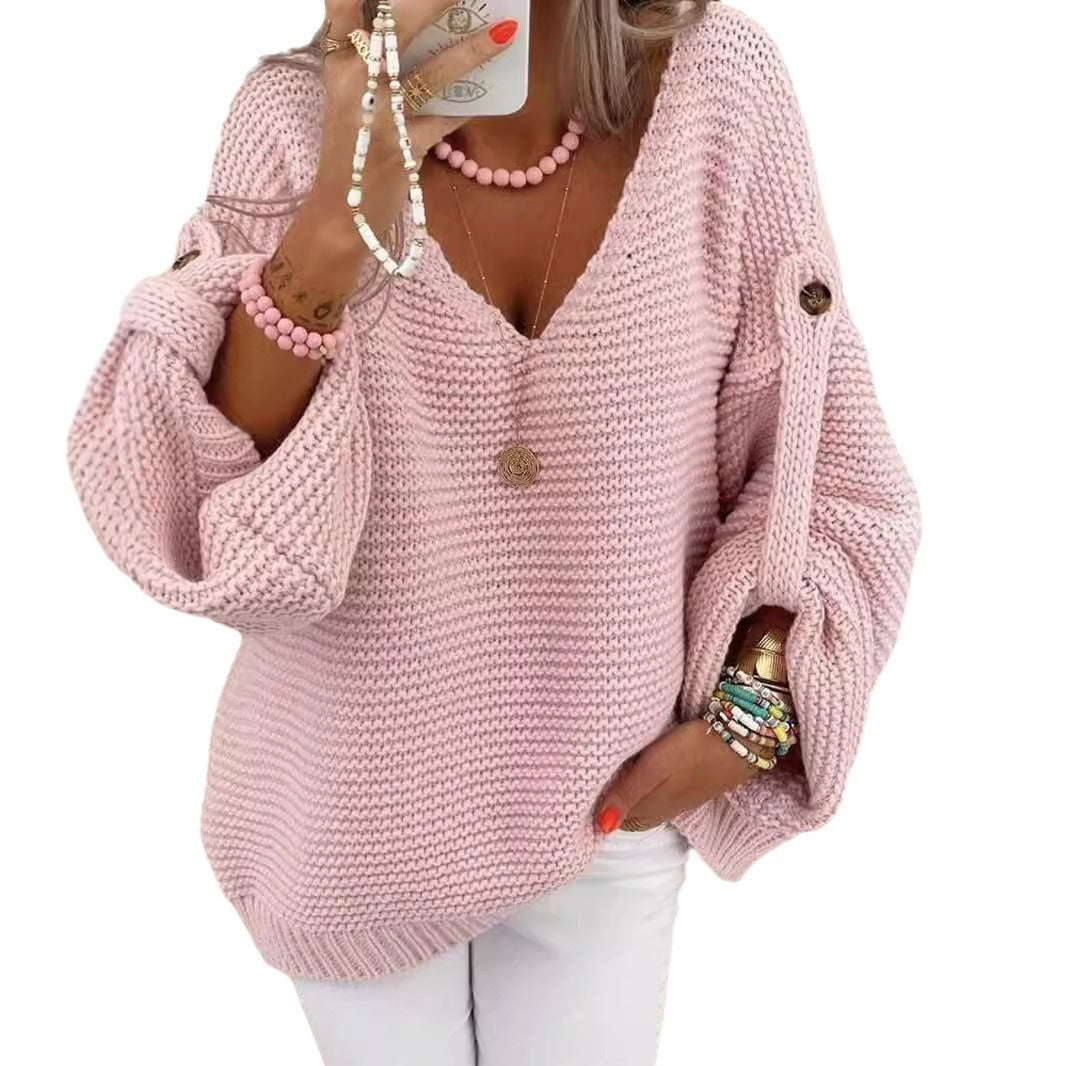 Dames gros pull en tricot avec décolleté en V Chic und Stil