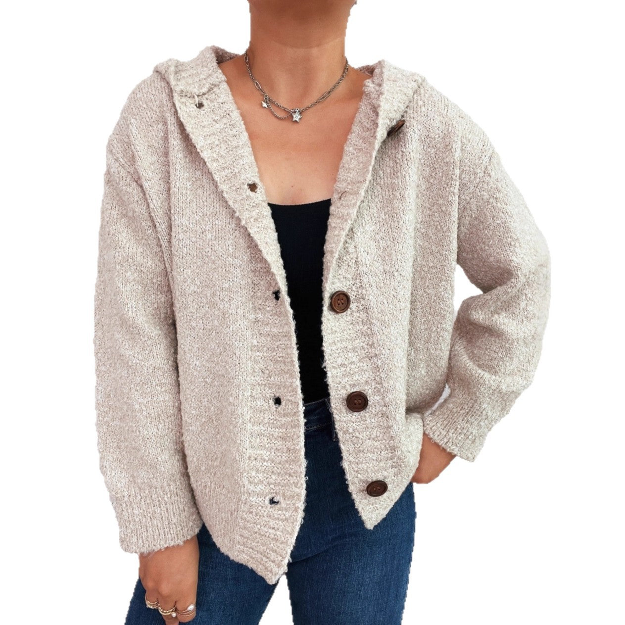 Dames cardigan en tricot douillet avec capuche et détails en bouton Chic und Stil