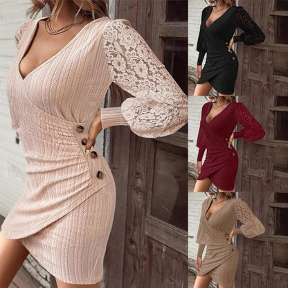 Robe portefeuille mini pour femmes avec manches en dentelle et boutons décoratifs Chic und Stil