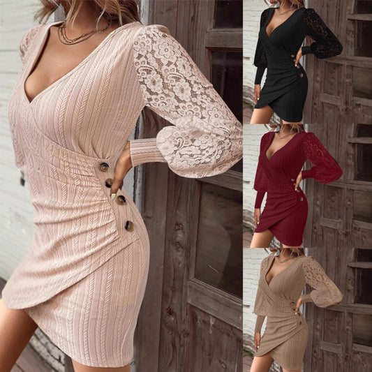 Robe portefeuille mini pour femmes avec manches en dentelle et boutons décoratifs Chic und Stil