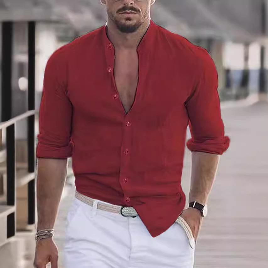 Chemise en lin décontractée pour hommes avec col montant moderne et manches roulables Chic und Stil