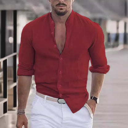 Chemise en lin décontractée pour hommes avec col montant moderne et manches roulables Chic und Stil