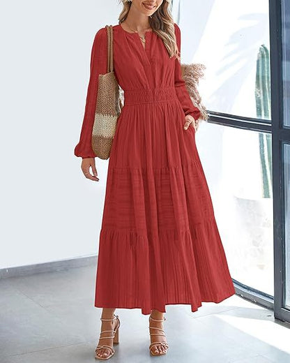 Robe maxi pour femmes avec des manches élégantes et un élastique à la taille raffiné Chic und Stil