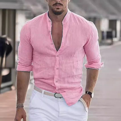 Chemise en lin décontractée pour hommes avec col montant moderne et manches roulables Chic und Stil
