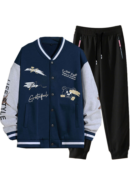 Men's College Style Sports Jacket Set and Jogging Pants with Colorful Patterns Chic and Style