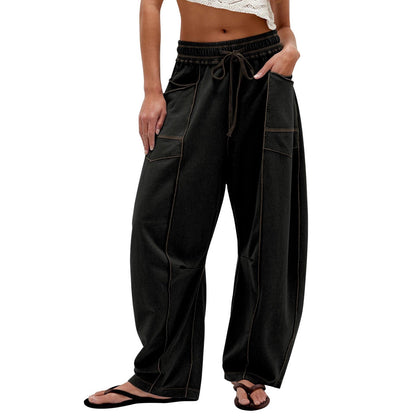 Ladies Comfortable Wide Pants with Practical Pockets and Elastic Belt Chic and Style