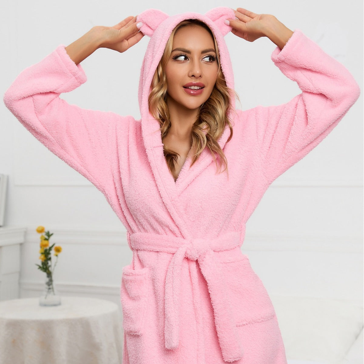 Ladies cozy fleece bathrobe with hood and ears Chic and Style