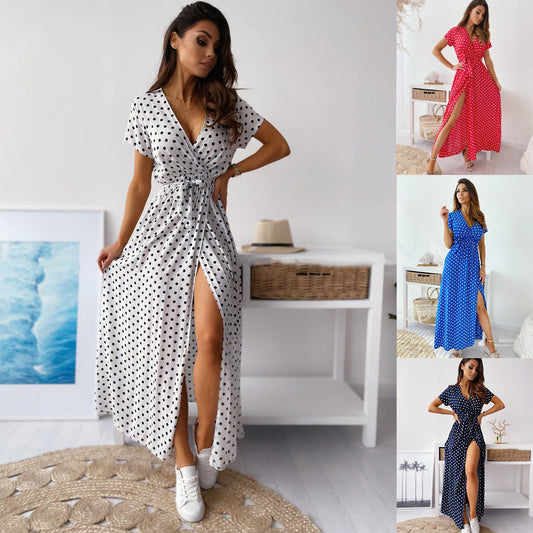 Robe maxi à pois pour femmes avec fente latérale et ceinture nouée Chic und Stil