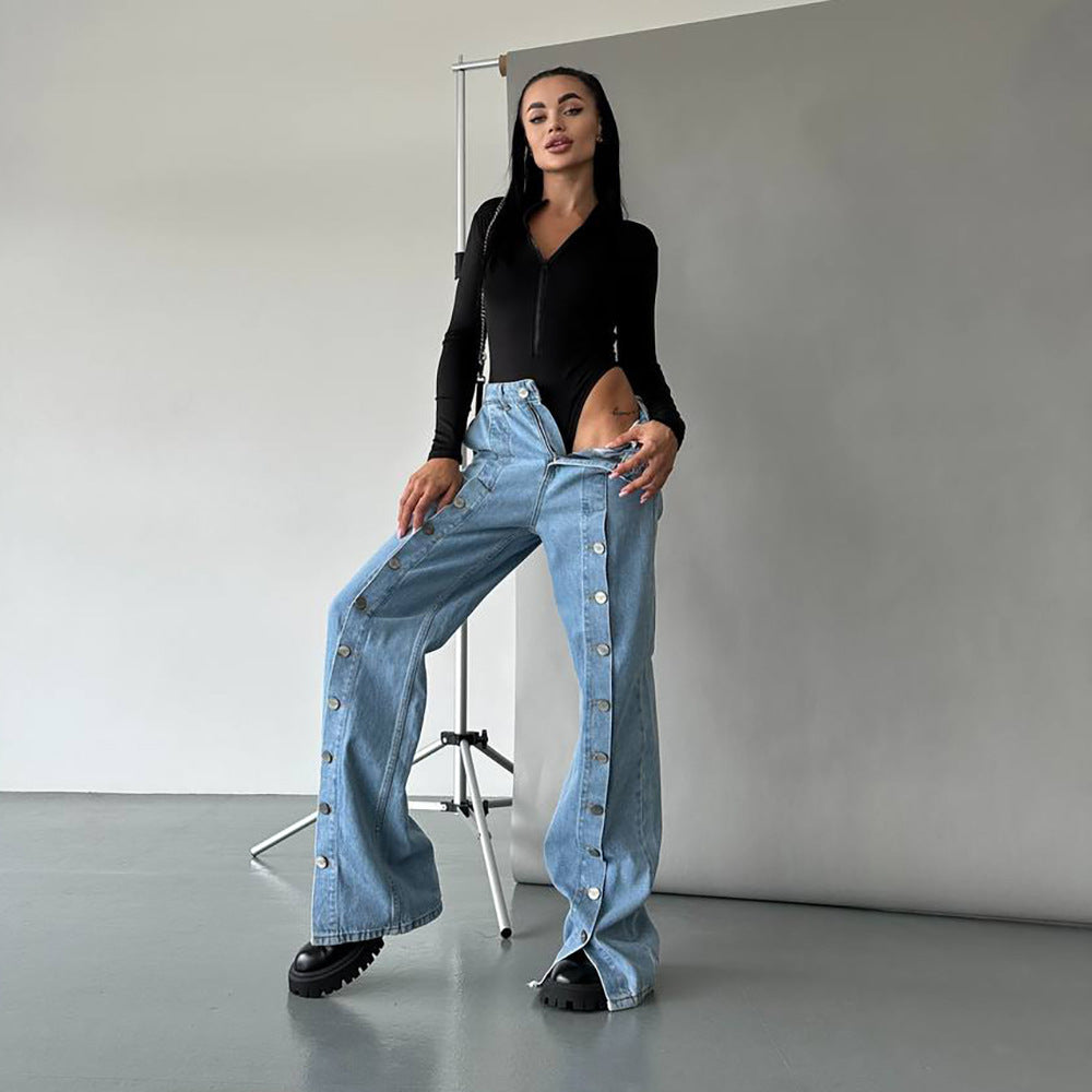 Ladies Loose Denim Pants with Button Details Chic and Style